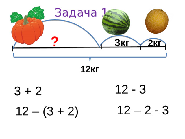 Задача 1. ? 3кг 2кг 12кг 12 - 3 3 + 2 12 – 2 - 3 12 – (3 + 2)