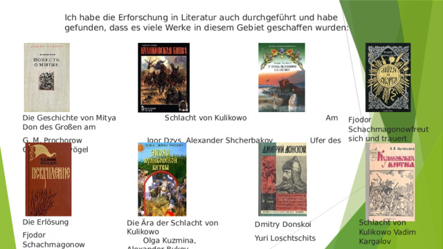 Ich habe die Erforschung in Literatur auch durchgeführt und habe gefunden, dass es viele Werke in diesem Gebiet geschaffen wurden: Die Geschichte von Mitya Schlacht von Kulikowo Am Don des Großen am G. M. Prochorow Igor Dzys, Alexander Shcherbakov Ufer des Geomar Watvögel Fjodor Schachmagonowfreut sich und trauert Die Erlösung Die Ära der Schlacht von Kulikowo Olga Kuzmina, Alexander Bykov Fjodor Schachmagonow Schlacht von Kulikowo Vadim Kargalov Dmitry Donskoi Yuri Loschtschits