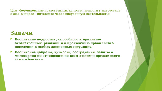 Цель: формирование нравственных качеств личности у подростков с ОВЗ в школе - интернате через внеурочную деятельность»    Задачи