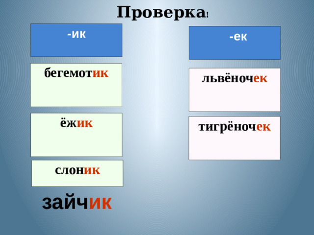 Проверка ! -ик  -ек бегемот ик львёноч ек ёж ик тигрёноч ек слон ик  зайч ик