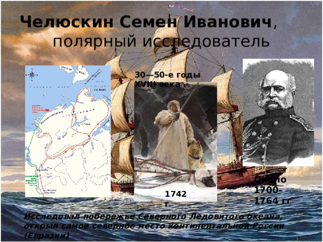 Челюскин Семен Иванович , полярный исследователь 30—50-е годы XVIII века Около 1700- 1764 гг 1742 г Исследовал побережье Северного Ледовитого океана, открыл самое северное место континентальной России (Евразии)
