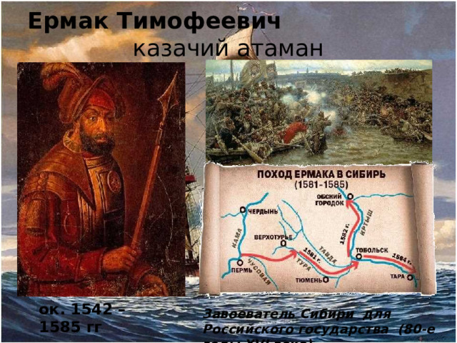 Ермак Тимофеевич казачий атаман ок. 1542 – 1585 гг Завоеватель Сибири для Российского государства (80-е годы XVI века)