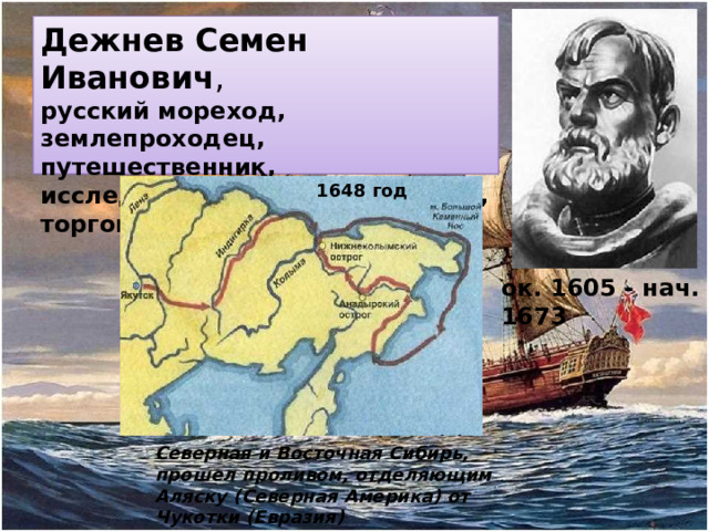 Дежнев Семен Иванович , русский мореход, землепроходец, путешественник, исследователь, казачий атаман, торговец пушниной 1648 год ок. 1605 - нач. 1673 Северная и Восточная Сибирь, прошел проливом, отделяющим Аляску (Северная Америка) от Чукотки (Евразия)