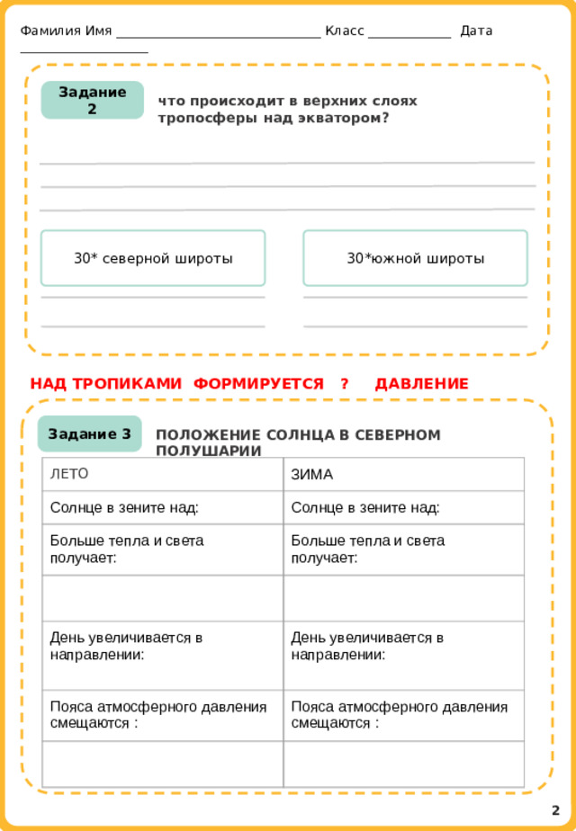 Фамилия Имя ________________________________ Класс _____________ Дата ____________________ Задание 2 что происходит в верхних слоях тропосферы над экватором? 30* северной широты 30*южной широты НАД ТРОПИКАМИ ФОРМИРУЕТСЯ ? ДАВЛЕНИЕ Задание 3 ПОЛОЖЕНИЕ СОЛНЦА В СЕВЕРНОМ ПОЛУШАРИИ ЛЕТО Солнце в зените над: ЗИМА Больше тепла и света Солнце в зените над: получает: Больше тепла и света День увеличивается в направлении: получает: Пояса атмосферного давления смещаются : День увеличивается в направлении: Пояса атмосферного давления смещаются : 2