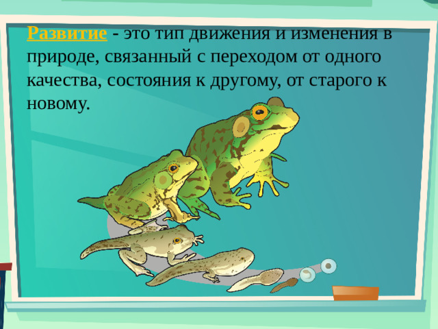 Развитие - это тип движения и изменения в природе, связанный с переходом от одного качества, состояния к другому, от старого к новому.