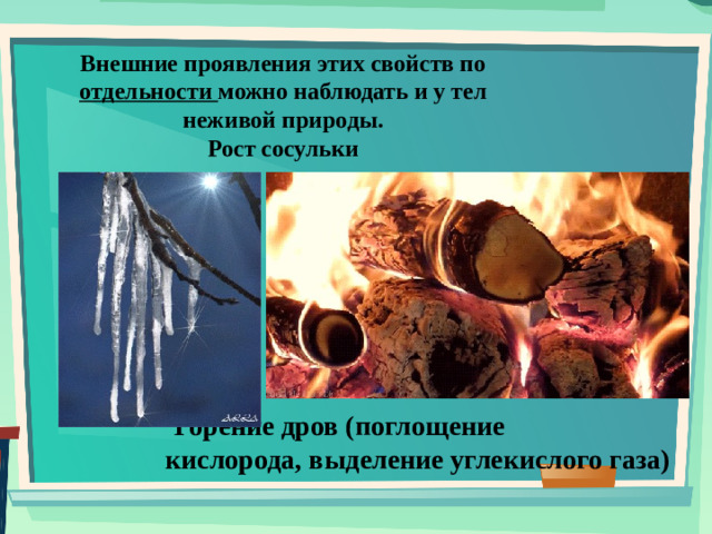 Внешние проявления этих свойств по отдельности можно наблюдать и у тел неживой природы.  Рост сосульки Горение дров (поглощение кислорода, выделение углекислого газа)