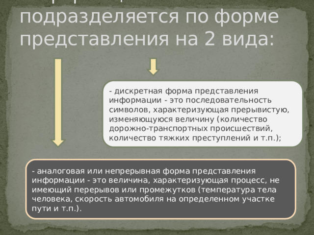 Информация подразделяется по форме представления на 2 вида: - дискретная форма представления информации - это последовательность символов, характеризующая прерывистую, изменяющуюся величину (количество дорожно-транспортных происшествий, количество тяжких преступлений и т.п.); - аналоговая или непрерывная форма представления информации - это величина, характеризующая процесс, не имеющий перерывов или промежутков (температура тела человека, скорость автомобиля на определенном участке пути и т.п.).