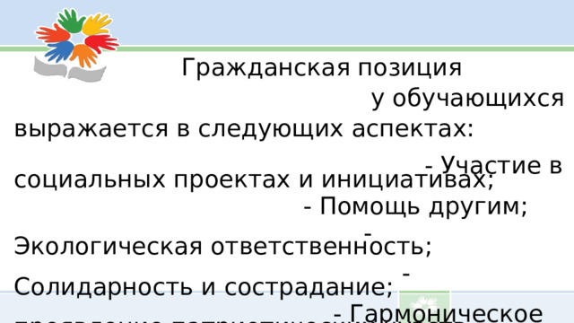 Гражданская позиция у обучающихся выражается в следующих аспектах:  - Участие в социальных проектах и инициативах;  - Помощь другим;  - Экологическая ответственность;  - Солидарность и сострадание;  - Гармоническое проявление патриотических чувств.