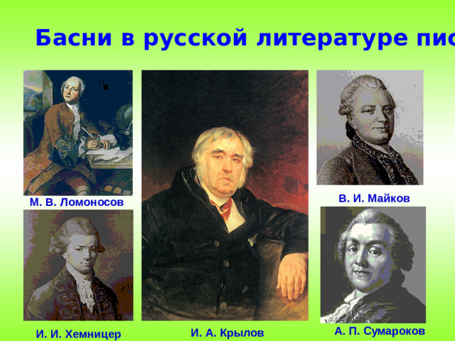 Басни в русской литературе писали: В. И. Майков М. В. Ломоносов А. П. Сумароков И. А. Крылов И. И. Хемницер