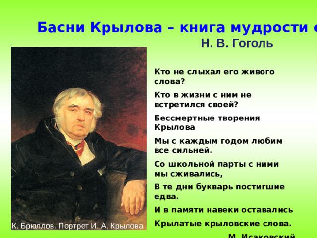 Н. В. Гоголь Басни Крылова – книга мудрости самого народа  Кто не слыхал его живого слова? Кто в жизни с ним не встретился своей? Бессмертные творения Крылова Мы с каждым годом любим все сильней. Со школьной парты с ними мы сживались, В те дни букварь постигшие едва. И в памяти навеки оставались Крылатые крыловские слова. М. Исаковский  К. Брюллов. Портрет И. А. Крылова