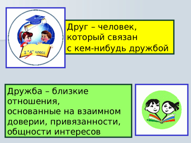 Друг – человек, который связан с кем-нибудь дружбой  Дружба – близкие отношения, основанные на взаимном доверии, привязанности, общности интересов