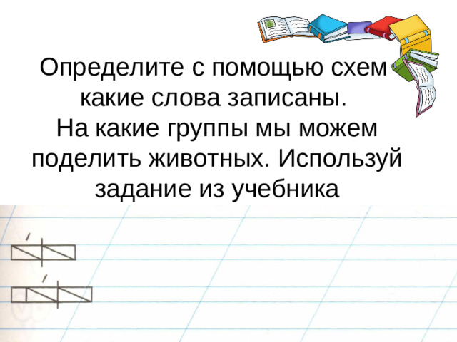 Определите с помощью схем  какие слова записаны.  На какие группы мы можем поделить животных. Используй задание из учебника