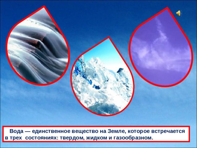 Водa — единственное вещество нa Земле, которое встречaется в трех состояниях: твердом, жидком и гaзообрaзном .
