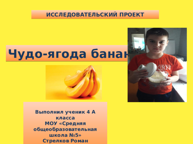 ИССЛЕДОВАТЕЛЬСКИЙ ПРОЕКТ Чудо-ягода банан  Выполнил ученик 4 А класса МОУ «Средняя общеобразовательная школа №5» Стрелков Роман с. Журавское 2019 г.