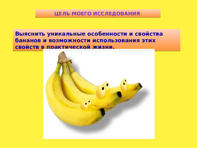 Цель моего исследования : Выяснить уникальные особенности и свойства бананов и возможности использования этих свойств в практической жизни.