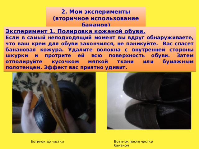2. Мои эксперименты (вторичное использование бананов) Эксперимент 1. Полировка кожаной обуви. Если в самый неподходящий момент вы вдруг обнаруживаете, что ваш крем для обуви закончился, не паникуйте. Вас спасет банановая кожура. Удалите волокна с внутренней стороны шкурки и протрите ей всю поверхность обуви. Затем отполируйте кусочком мягкой ткани или бумажным полотенцем. Эффект вас приятно удивит. Ботинок до чистки Ботинок после чистки бананом