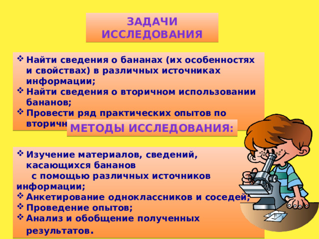 Задачи исследования Найти сведения о бананах (их особенностях и свойствах) в различных источниках информации; Найти сведения о вторичном использовании бананов; Провести ряд практических опытов по вторичному использованию бананов. Методы исследования: Изучение материалов, сведений, касающихся бананов  с помощью различных источников информации;