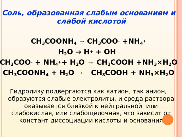 Соль, образованная слабым основанием и слабой кислотой  CH 3 COONH 4 → CH 3 COO - + NH 4 +  Н 2 О → Н + + ОН – CH 3 COO - +  NH 4 + +  H 2 O → CH 3 COOH + NH 3 ×H 2 O CH 3 COONH 4 + H 2 O → CH 3 COOH + NH 3 ×H 2 O Гидролизу подвергаются как катион, так анион, образуются слабые электролиты, и среда раствора оказывается близкой к нейтральной или слабокислая, или слабощелочная, что зависит от констант диссоциации кислоты и основания