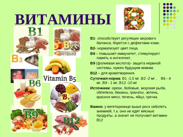 ВИТАМИНЫ  В1 - способствует регуляции жирового баланса, борется с дефектами кожи. В2- нормализует цвет лица. В6 – повышает иммунитет, стимулирует память и интеллект. В9 (фолиевая кислота)- защита нервной системы, нужен будущим мамам. В12 – для кроветворения. Суточная норма : В1 -1,5 мг ,В2 -2 мг , В6 - 4 мг, В9 - 1 мг, В12 -10 мг Источники : орехи, бобовые, морская рыба, облепиха, бананы, гранаты, зелень, красное мясо, печень, яйцо, гречка. Важно: у вегетарианце выше риск заболеть анемией, т.к. они не едят мясные продукты, а значит не получают витамин В12
