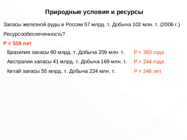 Природные условия и ресурсы Запасы железной руды в России 57 млрд. т. Добыча 102 млн. т. (200 6 г.) Ресурсообеспеченность? Р = 5 59 лет Бразилия запасы 80 млрд. т. Добыча 209 млн. т. Австралия запасы 41 млрд. т. Добыча 168 млн. т. Китай запасы 55 млрд. т. Добыча 224 млн. т. Р = 383 года Р = 244 года Р = 246 лет 6