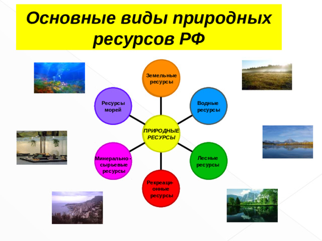 Основные виды природных ресурсов РФ Земельные ресурсы Земельные ресурсы Водные ресурсы Водные ресурсы Ресурсы  морей  Ресурсы  морей  ПРИРОДНЫЕ РЕСУРСЫ ПРИРОДНЫЕ РЕСУРСЫ Лесные ресурсы  Лесные ресурсы  Минерально -  сырьевые  ресурсы Минерально -  сырьевые  ресурсы Рекреаци- онные  ресурсы Рекреаци- онные  ресурсы 6