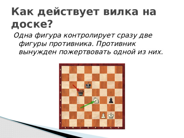 Как действует вилка на доске? Одна фигура контролирует сразу две фигуры противника. Противник вынужден пожертвовать одной из них.