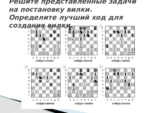 Решите представленные задачи на постановку вилки. Определите лучший ход для создания вилки.