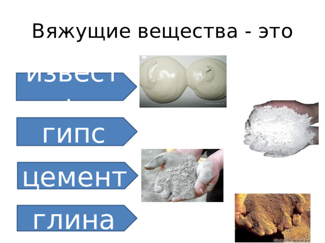 Вяжущие вещества - это известь гипс цемент глина