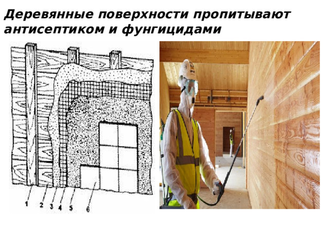 Деревянные поверхности пропитывают антисептиком и фунгицидами