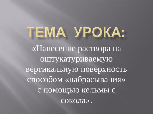 «Нанесение раствора на оштукатуриваемую вертикальную поверхность способом «набрасывания» с помощью кельмы с сокола».