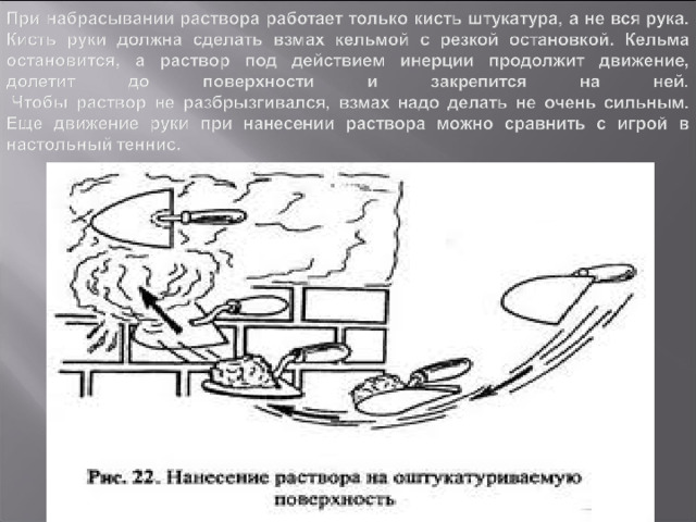 В зависимости от места нанесения, раствор приходится набрасывать из разных положений и разных уровней: на уровне головы и несколько выше; на уровне пояса раствор наносят слева направо или справа налево; а при набрасывании раствора на нижнюю часть стены, руку с соколом упирают на левое колено, это обеспечивает удобство в работе, так как основная тяжесть передается на колено, раствор набрасывают снизу вверх.