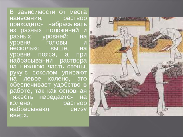 Существуют способы набрасывания штукатур-ного раствора разными инструментами.  Сегодня мы рассмотрим набрасы-вание раствора на оштукатуриваемую поверхность с помощью кельмы с сокола. Для работы необходим  растворный ящик  с раствором, кельма и сокол.