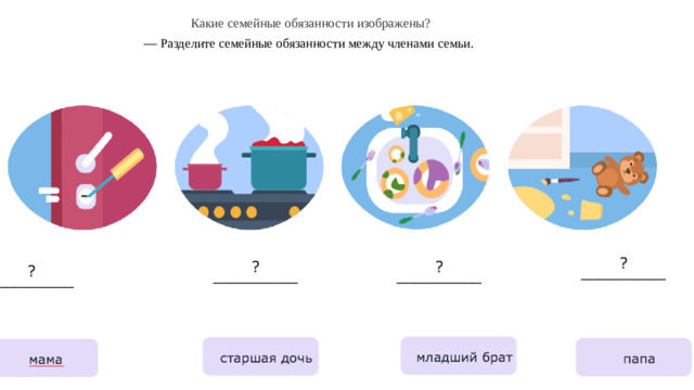 Какие семейные обязанности изображены? — Разделите семейные обязанности между членами семьи.