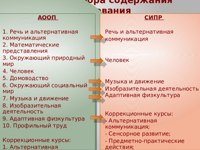 Пример отбора содержания образования СИПР АООП Речь и альтернативная 1. Речь и альтернативная коммуникация коммуникация 2. Математические представления 3. Окружающий природный мир 4. Человек 5. Домоводство Человек 6. Окружающий социальный мир 7. Музыка и движение Музыка и движение 8. Изобразительная деятельность Изобразительная деятельность 9. Адаптивная физкультура Адаптивная физкультура 10. Профильный труд Коррекционные курсы: 1. Альтернативная коммуникация; Коррекционные курсы: - Альтернативная коммуникация; 2. Сенсорное развитие; 3. Предметно-практические действия; - Сенсорное развитие; 4. Двигательное развитие - Предметно-практические действия;