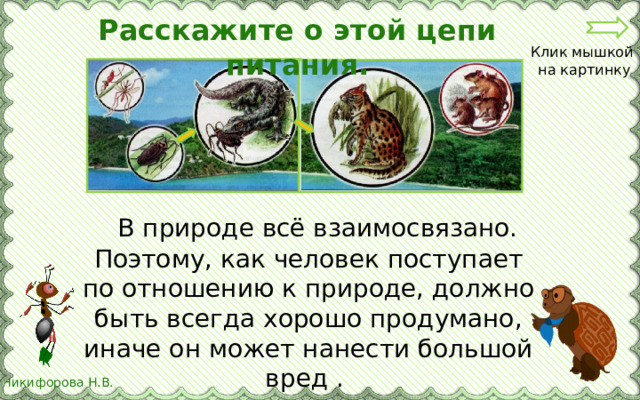 Расскажите о этой цепи питания. Клик мышкой  на картинку  В природе всё взаимосвязано. Поэтому, как человек поступает по отношению к природе, должно быть всегда хорошо продумано, иначе он может нанести большой вред .