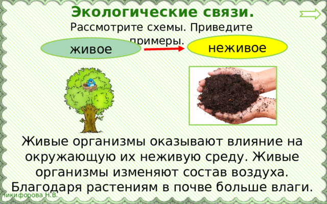 Экологические связи.  Рассмотрите схемы. Приведите примеры. неживое живое Живые организмы оказывают влияние на окружающую их неживую среду. Живые организмы изменяют состав воздуха. Благодаря растениям в почве больше влаги.