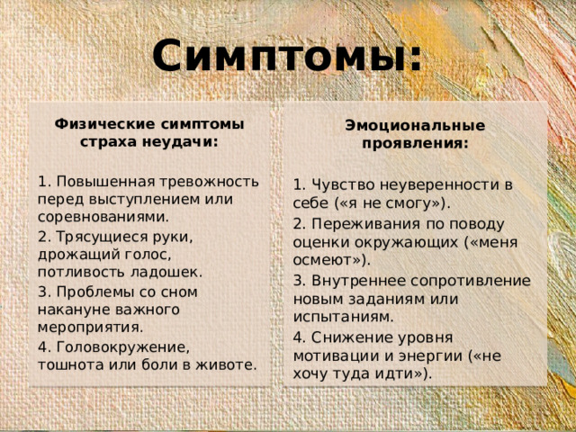 Симптомы:   Физические симптомы страха неудачи: Эмоциональные проявления:     1. Повышенная тревожность перед выступлением или соревнованиями. 1. Чувство неуверенности в себе («я не смогу»). 2. Трясущиеся руки, дрожащий голос, потливость ладошек. 2. Переживания по поводу оценки окружающих («меня осмеют»). 3. Проблемы со сном накануне важного мероприятия. 3. Внутреннее сопротивление новым заданиям или испытаниям. 4. Снижение уровня мотивации и энергии («не хочу туда идти»). 4. Головокружение, тошнота или боли в животе.