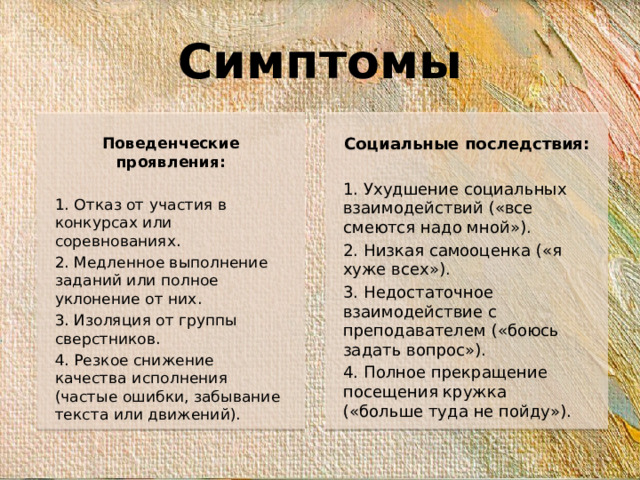 Симптомы   Поведенческие проявления: Социальные последствия:     1. Отказ от участия в конкурсах или соревнованиях. 1. Ухудшение социальных взаимодействий («все смеются надо мной»). 2. Медленное выполнение заданий или полное уклонение от них. 2. Низкая самооценка («я хуже всех»). 3. Изоляция от группы сверстников. 3. Недостаточное взаимодействие с преподавателем («боюсь задать вопрос»). 4. Полное прекращение посещения кружка («больше туда не пойду»). 4. Резкое снижение качества исполнения (частые ошибки, забывание текста или движений).