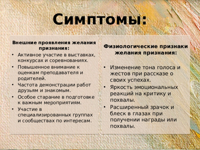Симптомы:   Внешние проявления желания признания: Физиологические признаки желания признания: Активное участие в выставках, конкурсах и соревнованиях. Повышенное внимание к оценкам преподавателя и родителей. Частота демонстрации работ друзьям и знакомым. Особое старание в подготовке к важным мероприятиям. Участие в специализированных группах и сообществах по интересам.