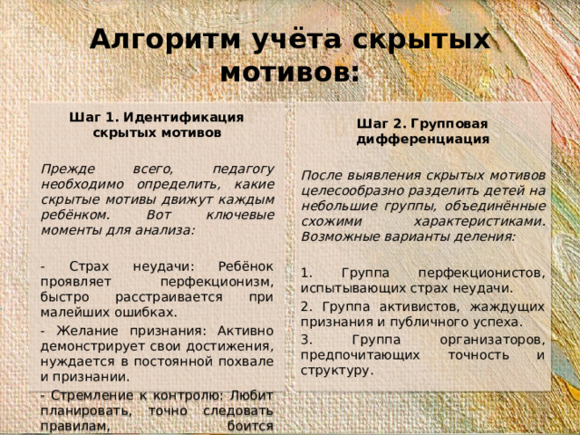 Алгоритм учёта скрытых мотивов: Шаг 1. Идентификация скрытых мотивов Шаг 2. Групповая дифференциация     Прежде всего, педагогу необходимо определить, какие скрытые мотивы движут каждым ребёнком. Вот ключевые моменты для анализа: После выявления скрытых мотивов целесообразно разделить детей на небольшие группы, объединённые схожими характеристиками. Возможные варианты деления:     - Страх неудачи: Ребёнок проявляет перфекционизм, быстро расстраивается при малейших ошибках. 1. Группа перфекционистов, испытывающих страх неудачи. - Желание признания: Активно демонстрирует свои достижения, нуждается в постоянной похвале и признании. 2. Группа активистов, жаждущих признания и публичного успеха. - Стремление к контролю: Любит планировать, точно следовать правилам, боится непредвиденных обстоятельств. 3. Группа организаторов, предпочитающих точность и структуру.