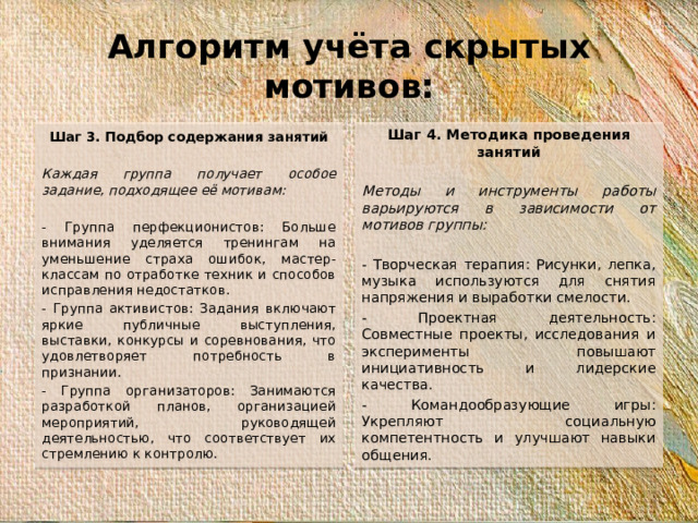 Алгоритм учёта скрытых мотивов: Шаг 3. Подбор содержания занятий Шаг 4. Методика проведения занятий     Каждая группа получает особое задание, подходящее её мотивам: Методы и инструменты работы варьируются в зависимости от мотивов группы:     - Группа перфекционистов: Больше внимания уделяется тренингам на уменьшение страха ошибок, мастер-классам по отработке техник и способов исправления недостатков. - Творческая терапия: Рисунки, лепка, музыка используются для снятия напряжения и выработки смелости. - Проектная деятельность: Совместные проекты, исследования и эксперименты повышают инициативность и лидерские качества. - Группа активистов: Задания включают яркие публичные выступления, выставки, конкурсы и соревнования, что удовлетворяет потребность в признании. - Группа организаторов: Занимаются разработкой планов, организацией мероприятий, руководящей деятельностью, что соответствует их стремлению к контролю. - Командообразующие игры: Укрепляют социальную компетентность и улучшают навыки общения.