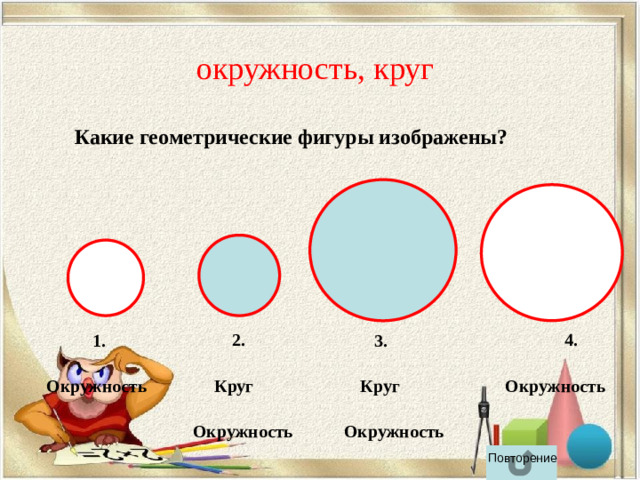 окружность, круг Какие геометрические фигуры изображены? 2. 4. 3. 1. Окружность Круг Окружность Круг Окружность Окружность Повторение