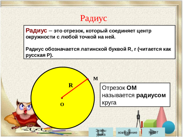 Радиус Радиус  – это отрезок, который соединяет центр окружности с любой точкой на ней.  Радиус обозначается латинской буквой R, r (читается как русская Р). М R Отрезок ОМ называется радиусом круга О повторение № 927 Этапы урока