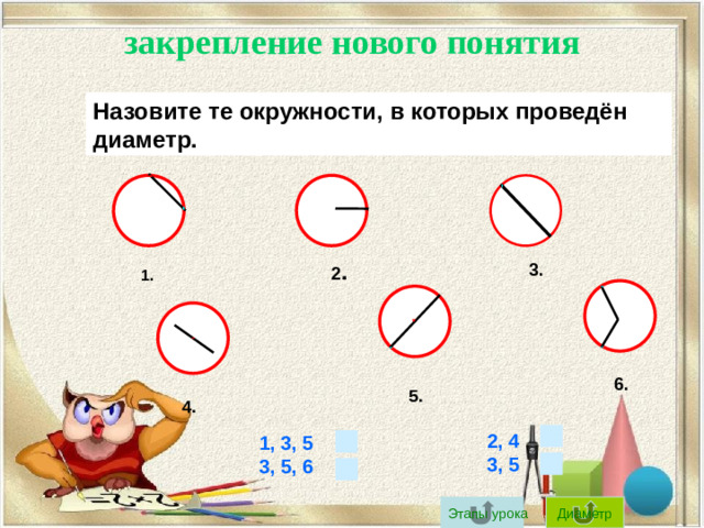 закрепление нового понятия Назовите те окружности, в которых проведён диаметр.  2 . 3. 1. 6. 5. 4. 2, 4 3, 5 1, 3, 5 3, 5, 6   Этапы урока Диаметр