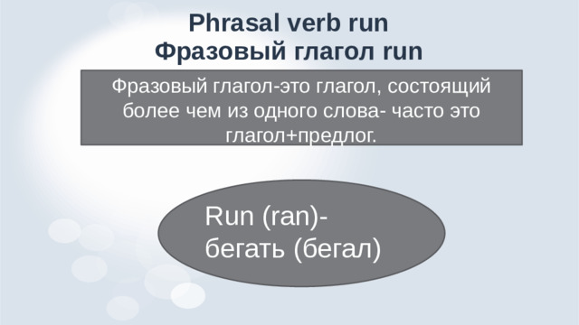 Phrasal verb run  Фразовый глагол run Фразовый глагол-это глагол, состоящий более чем из одного слова- часто это глагол+предлог. Run (ran)-бегать (бегал)