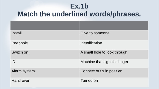 Ex.1b  Match the underlined words/phrases. Install Give to someone Peephole Identification Switch on A small hole to look through ID Machine that signals danger Alarm system Connect or fix in position Hand over Turned on