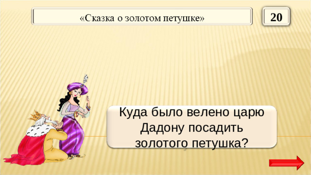 20 На спицу Куда было велено царю Дадону посадить золотого петушка?
