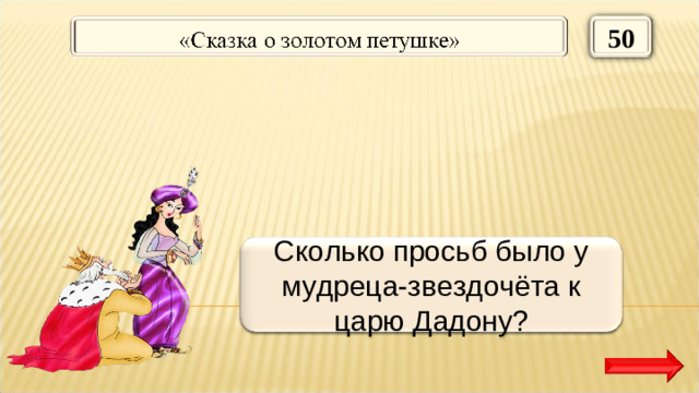 50 Одна Сколько просьб было у мудреца-звездочёта к царю Дадону?