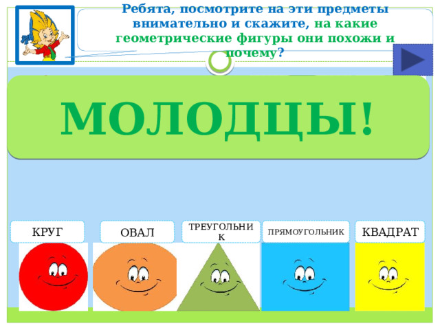 Ребята, посмотрите на эти предметы внимательно и скажите, на какие геометрические фигуры они похожи и почему ? МОЛОДЦЫ! КРУГ ТРЕУГОЛЬНИК ПРЯМОУГОЛЬНИК КВАДРАТ ОВАЛ
