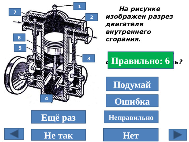 1  На рисунке изображен разрез двигателя внутреннего сгорания.   Каким номером обозначен поршень?  7 2 6 5 Правильно: 6 3 Подумай 4 Ошибка Ещё раз Неправильно Нет Не так